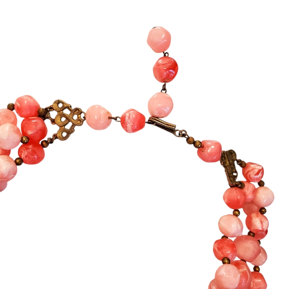 Kramer Pink Lucite Necklace Triple Strand Mid Century Abstract Swirl - Picture 5 of 10